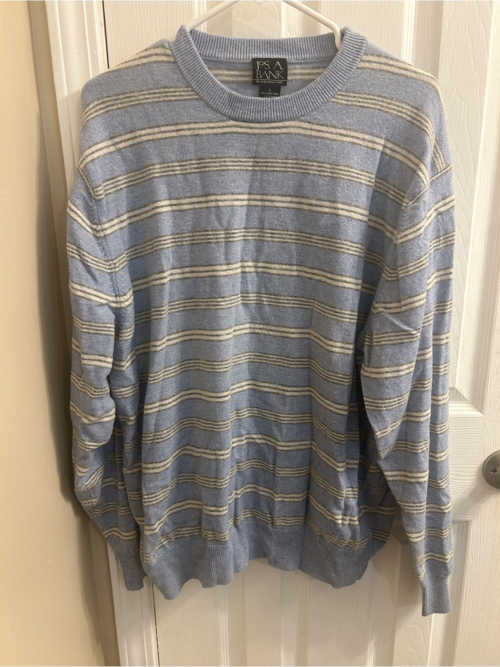 Jos. A. Bank Light Blue Crewneck Sweater with Cream & Gray Stripes
